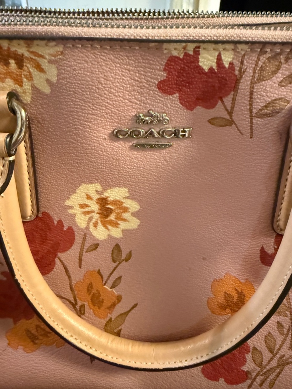 Coach Pink Floral Leather Satchel with Red & Yellow Blooms - Picture 3 of 10